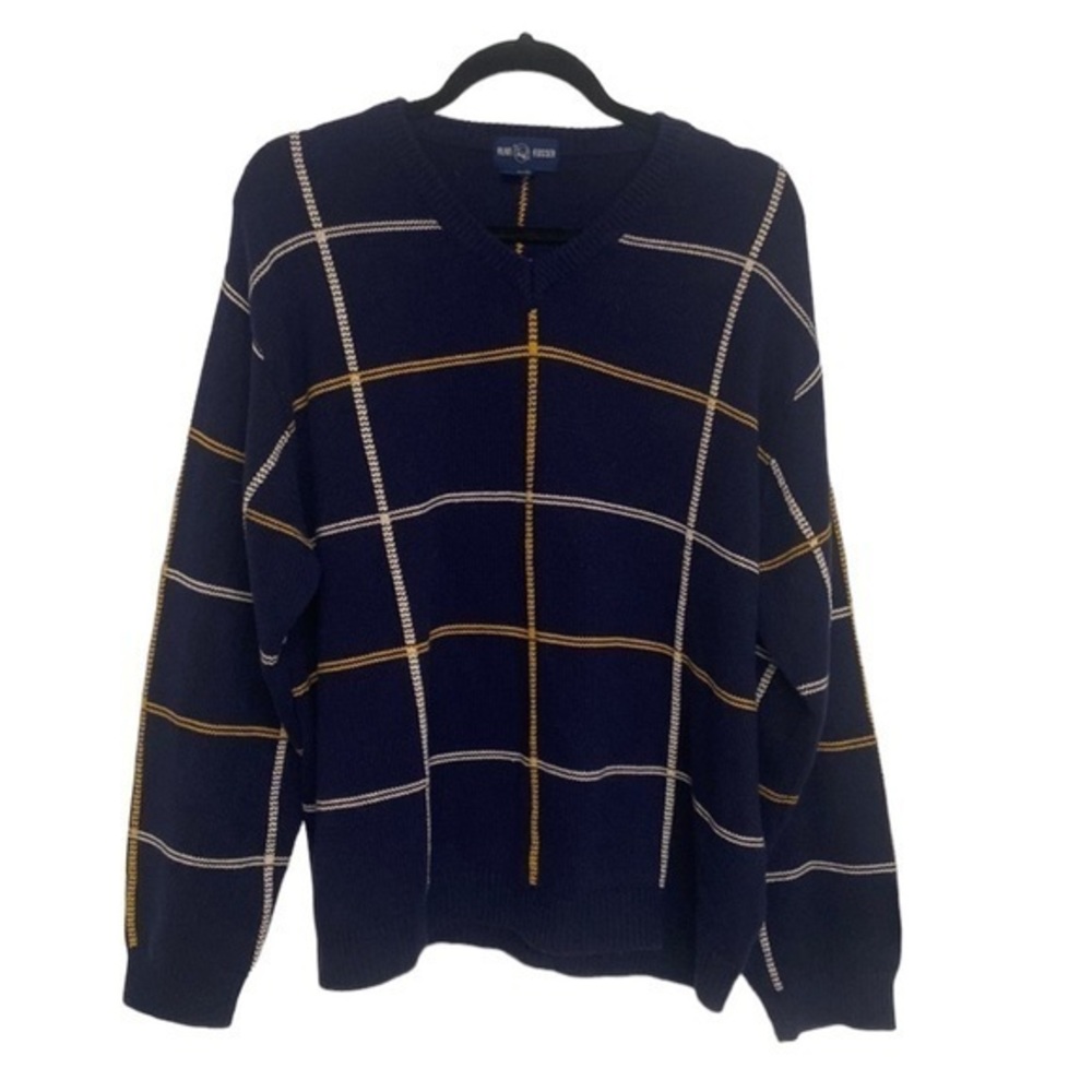 VINTAGE ALAN FLUSSER Sweater Windowpane Grid Long Sleeves‎ V Neck Navy Gold